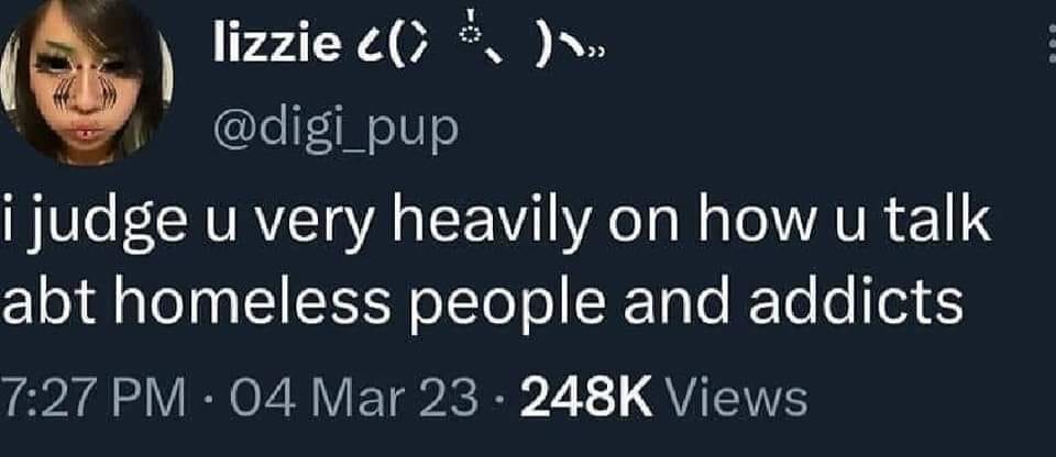 The meme is a screenshot of a Twitter post that reads: "i judge u very heavily on how u talk and addicts". The post is from a user named "lizzie" and is a response to a comment or message that is not visible in the screenshot. The tone of the post is sarcastic and critical, implying that the user is judging others based on how they communicate.